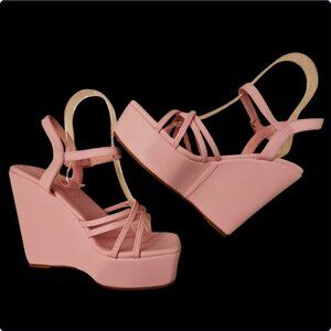 Pink Platform Wedge Sandals With Strappy Design & Adjustable Ankle Strap - Women